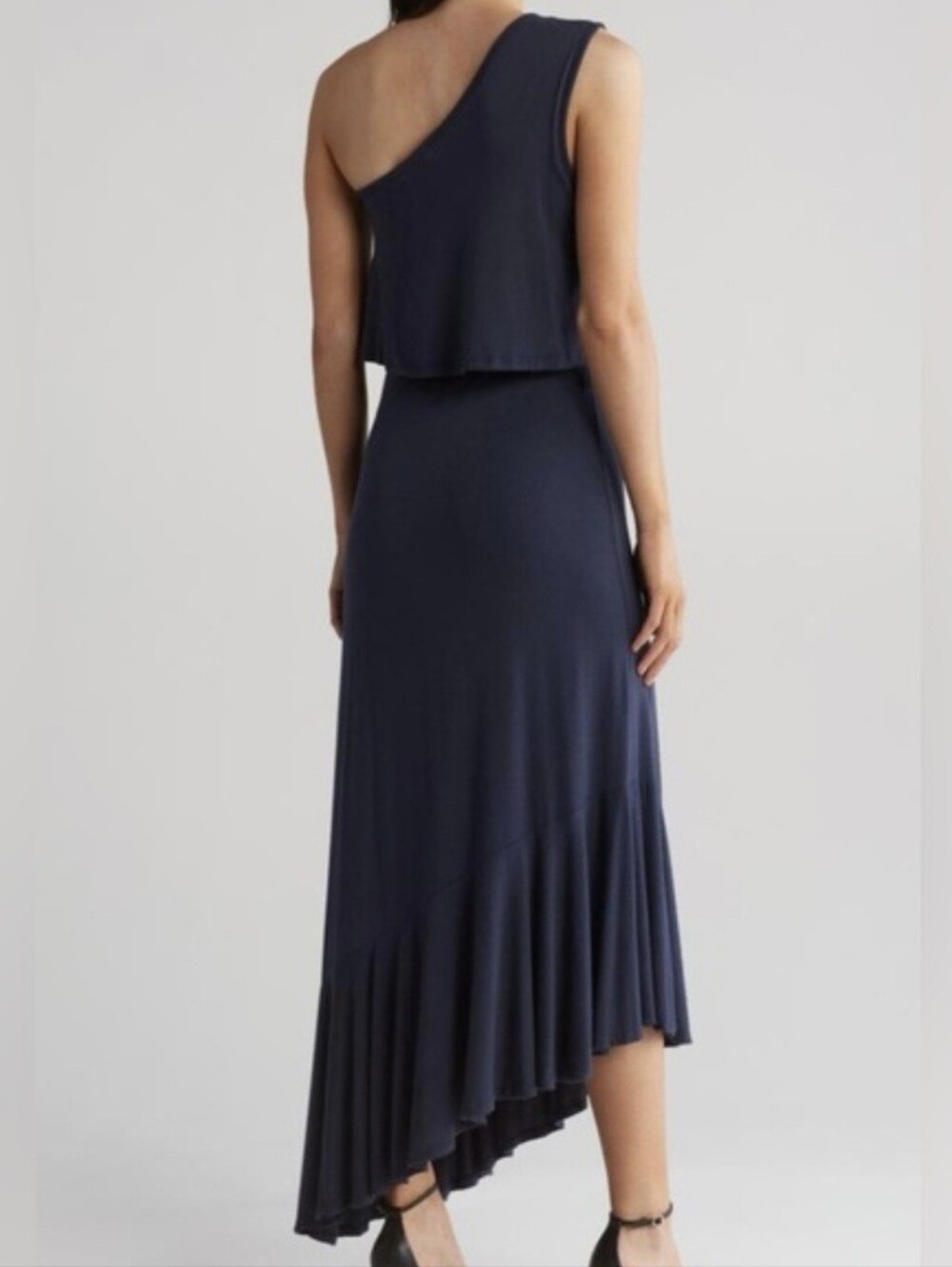 Go Couture One-Shoulder Navy Blue Ruffle-Hem Dress